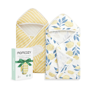 Momcozy Baby Hooded Towel, 2 Pack Baby Towel Set, Super Soft Bath Towel with Original Design, Shower Gifts for Infant, Toddler (28 X 28 Inch, Lemon Leaves)