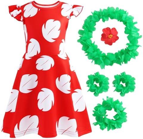 Hawaiian Little Girls Costume Dress with Luau Flower Leis Accessories Flower Hair Clip Toddler Halloween Party Cosplay Outfit 130