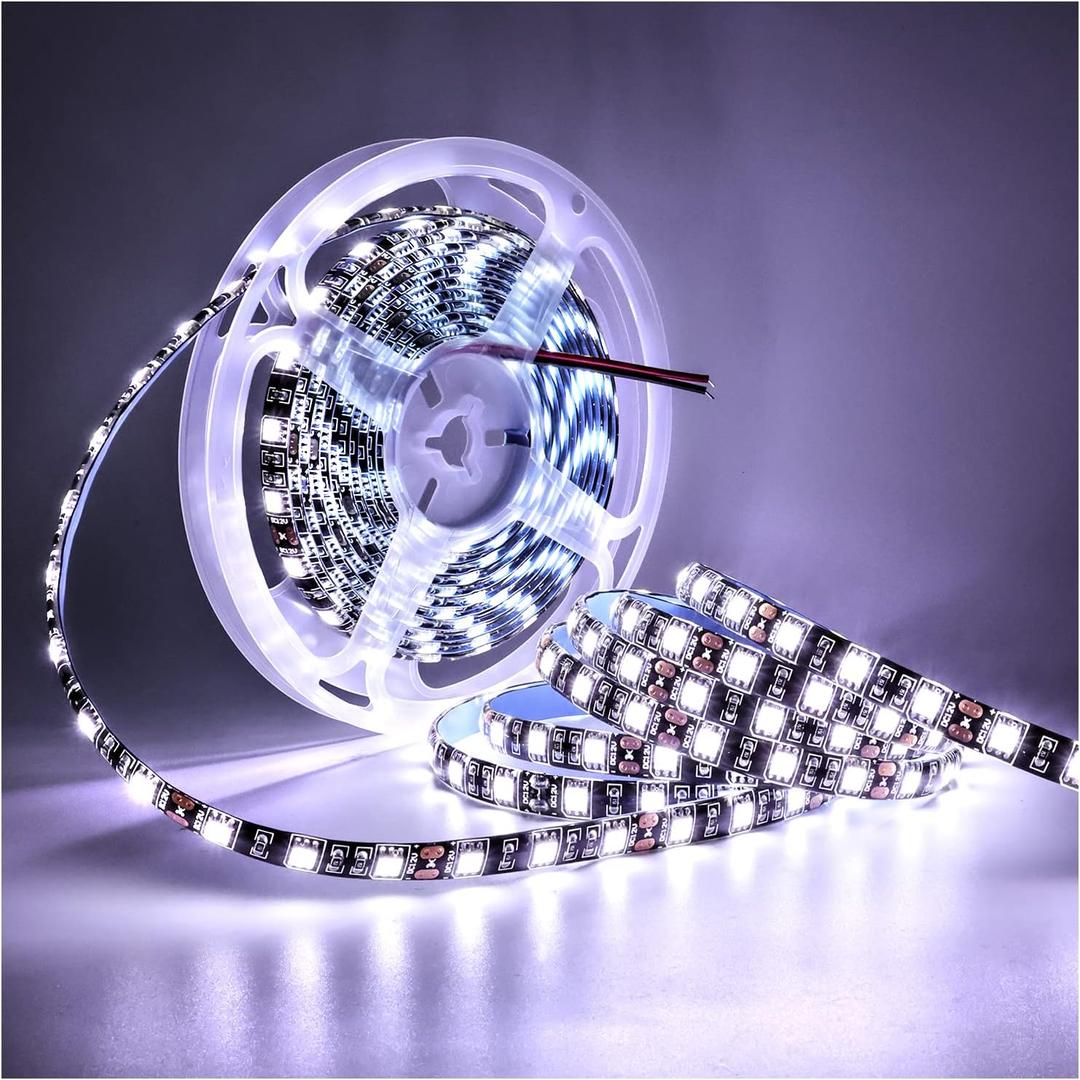 12V LED Strip Light White 6000K 16.4ft LED Light Strip Black PCB SMD 5050 IP65 Waterproof 300 LEDs Tape Rope Lights for Bedroom, Kitchen Decoration