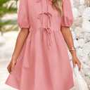 PRETTYGARDEN Womens 2025 Summer Casual Short Sleeve Dresses A Line Bow Tie Front Babydoll Loose Cute Mini Dress with Pockets (Pink)