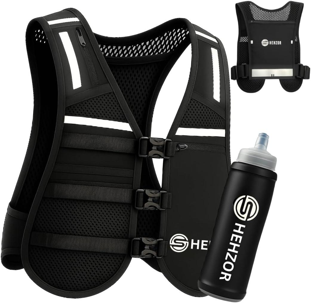 SHEHZOR 9-Pocket Hydration Running Vest High-Capacity Tactical Chest Rig with 500ml Soft Flask Anti-Chafe Mesh & Zero-Bounce Fit for Marathons, Trail Running & Hiking Reflective Unisex Gear