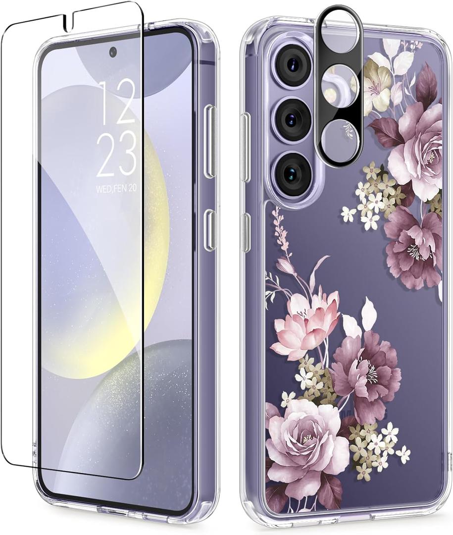 GVIEWIN Compatible with Samsung Galaxy S24 Plus Case, Clear Floral Slim Shockproof Protective Women Phone Case, Non-Yellowing, with Screen Protector & Camera Lens Protector 6.7",Cherry Blossoms/Purple