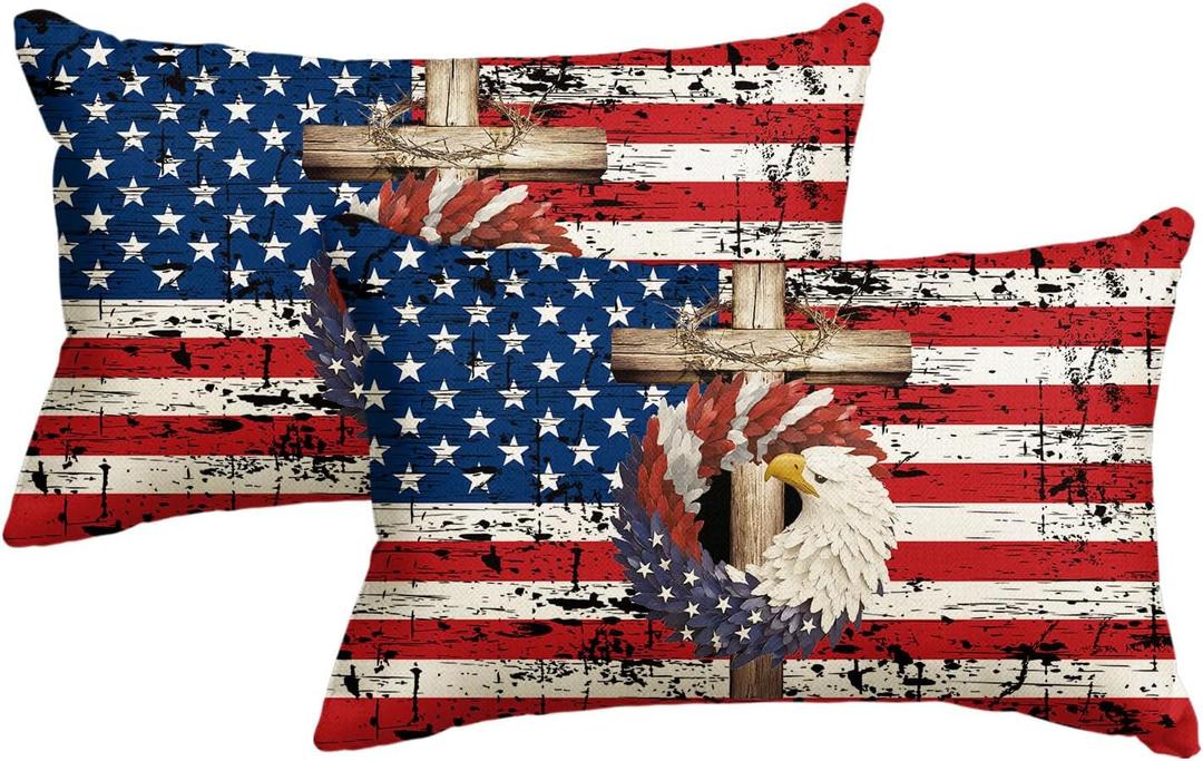 AVOIN colorlife 4th of July Patriotic Stars Eagle Wreath Throw Pillow Cover, 12 x 20 Inch Memorial Day Independence Day Stripes America Flag Decor Cushion Case for Sofa Couch Set of 2