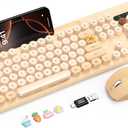 Wireless Keyboard and Mouse Combo, Retro Round Keycaps, Full-Size Stylish Typewriter Keyboard with Phone/Tablet Holder, Ergonomic Mouse with 3-Level DPI, 2.4GHz Connection for Windows/PC (Milk-Tea)