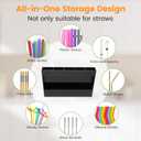 Acrylic Straw Holder, Straw Organizer Dispenser with Two Pieces Rubber Magnet Sheets, Drinking Straw Storage Holder for Cabinet Door Fridge Counter Kitchen Office (Black)