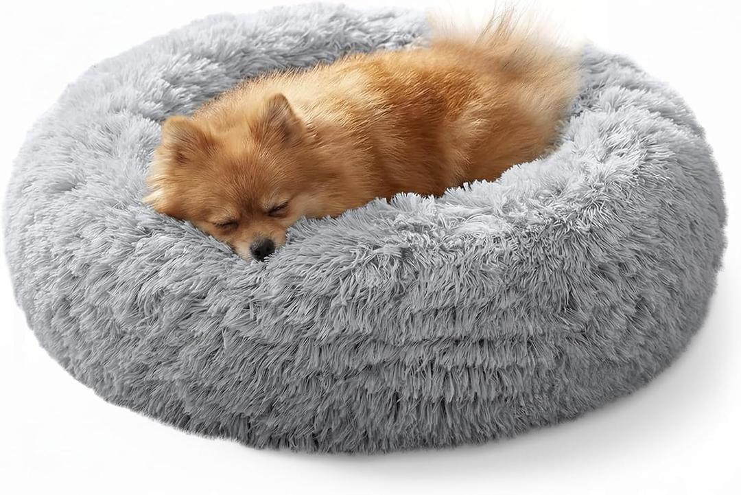 JOLLYVOGUE Small Dog & Cat Beds for Indoor Cats - 20 inches Calming Donut Dog Bed for Kittens & Puppies, Washable Round Fluffy Plush Faux Fur Pet Beds (Smoke Grey)