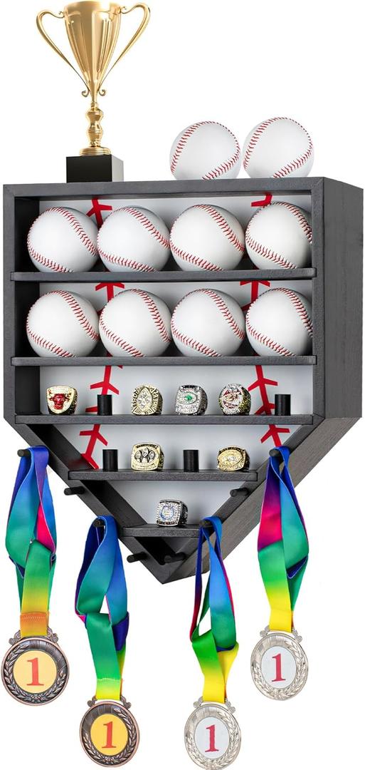 Baseball Balls Display Case with Championship Rings Medals Holder, Solid Wooden Wall Mount Baseball Box for Balls, Rings, Medals, Trophies Collection Black