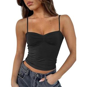 ForeFair Women Y2K Sweetheart Neck Sleeveless Crop Tank Tops Backless Spaghetti Strap Pleated Bustier Camis Going Out Top (Small, Black)