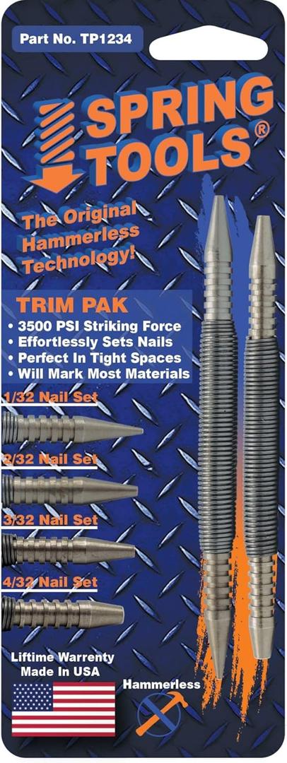 Spring Tools Professional 2-Piece Double Ended Trim Pak - 4 Nail Set Sizes (1/32" to 4/32") - Made in USA - Complete Trim & Finish Nail Set Kit - Nail Setter