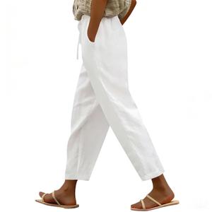 Puimentiua Cotton Linen Pants Women Casual Lightweight Elastic Drawstring Waist Summer Vacation Beach Pants with Pockets XL