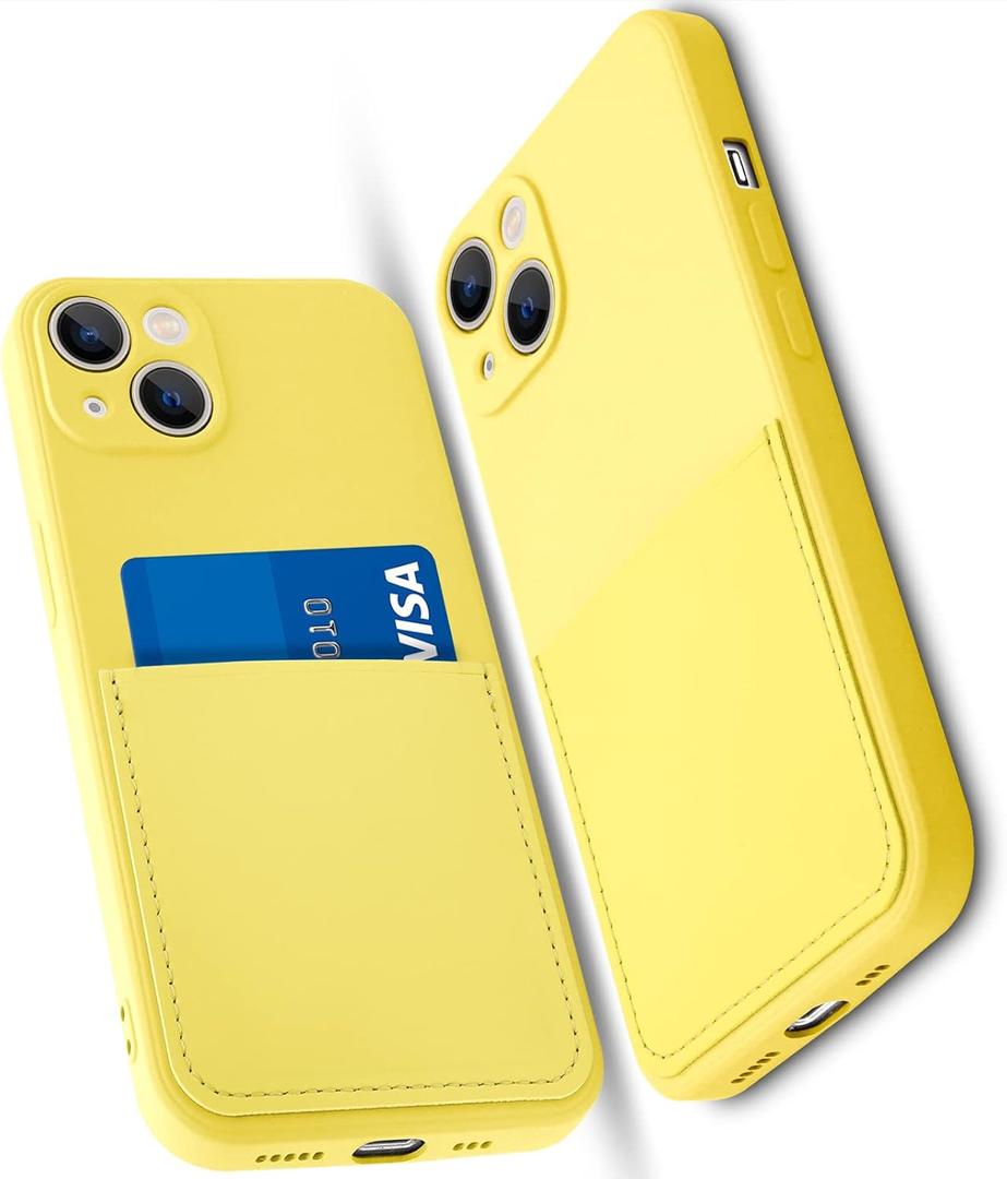 Silicone Wallet Phone Case for iPhone 13 6.1 Inch with Credit Card Holder Pocket, Full-Body Bumper Protection Camera Protect Case (Yellow)