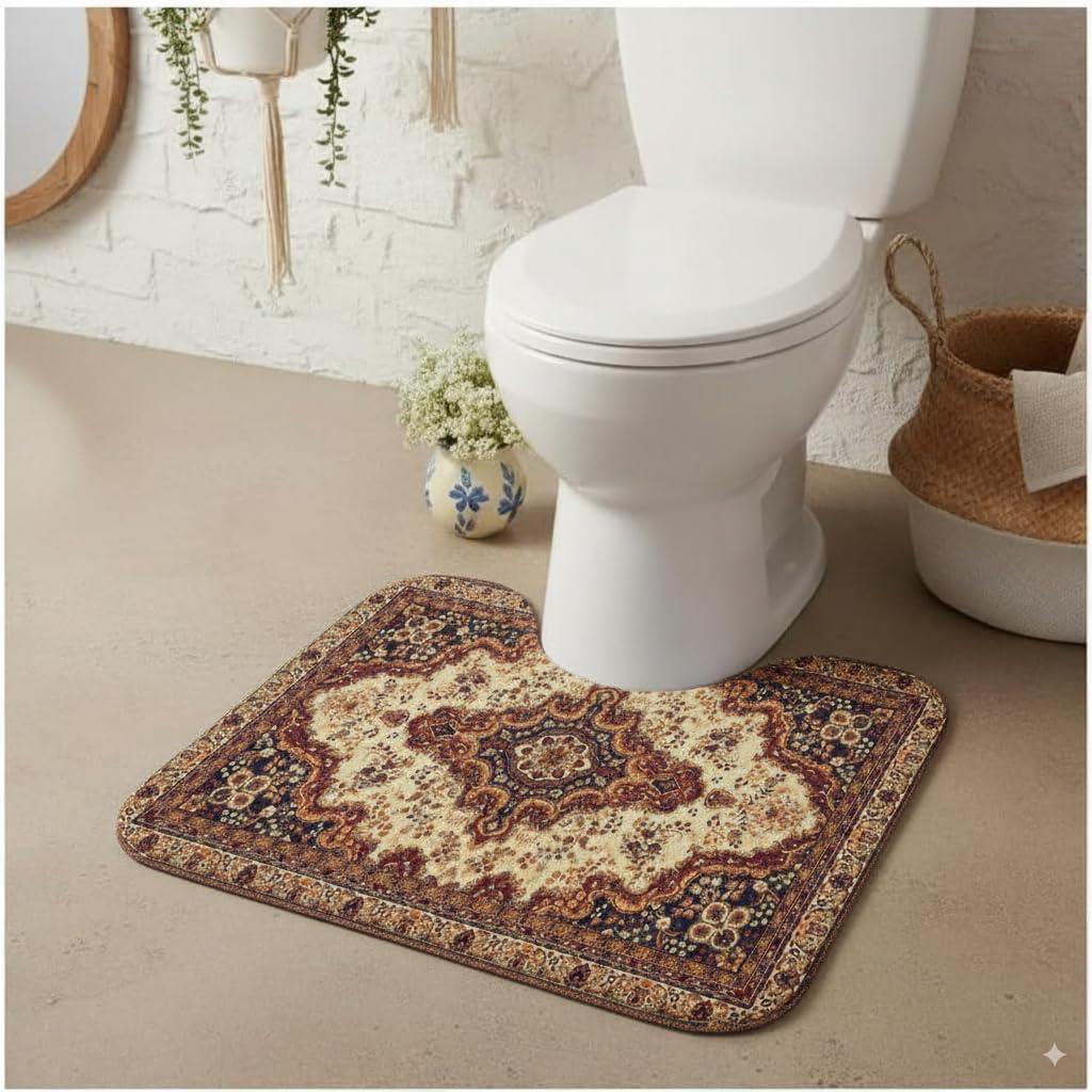 Shaped Toilet Rug - Super Absorbent & Non-Slip Bathroom Rug, Soft Plush Toilet Surround Mat, Machine Washable, Fits Standard Toilet Base 16x20 Inch, Boho Style