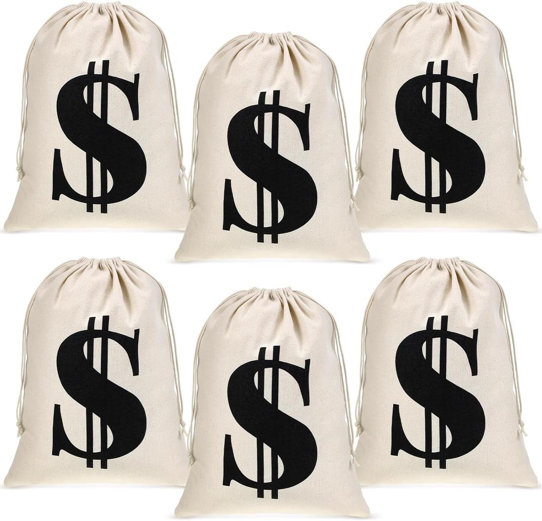 6 Pcs Large 11.8 x 15.7 Inches Money Bag Prop Canvas Drawstring Money Bag Dollar Sign Carrying Sack for Bank Robber Pirate Cowboy Cosplay Theme Halloween Party Favors(White)