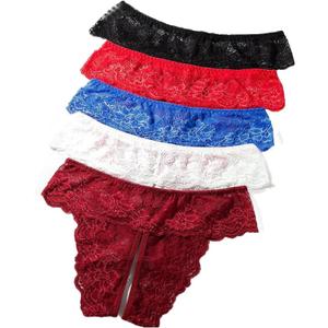 Justgoo Womens Sexy Thongs Lace Panties Underwear Low Rise Plus Size Underpants Pack of 5 (Large)