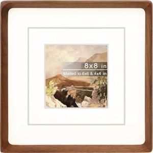 Square 8x8 Picture Frame with Mat for 4x4/6x6, Natural Walnut Wood Handcrafted Rounded Corner with Real Glass, Vertical or Horizontal Display Photo Gallery Wall & Tabletop Frame