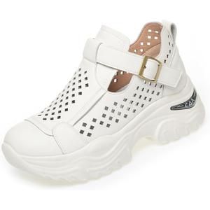 Women's Chunky Platform Orthopedic Wedge Walking Shoes Breathable Hollow Adjustable Buckle Casual Non-Slip Running Shoes with Arch Support (8.5, White)