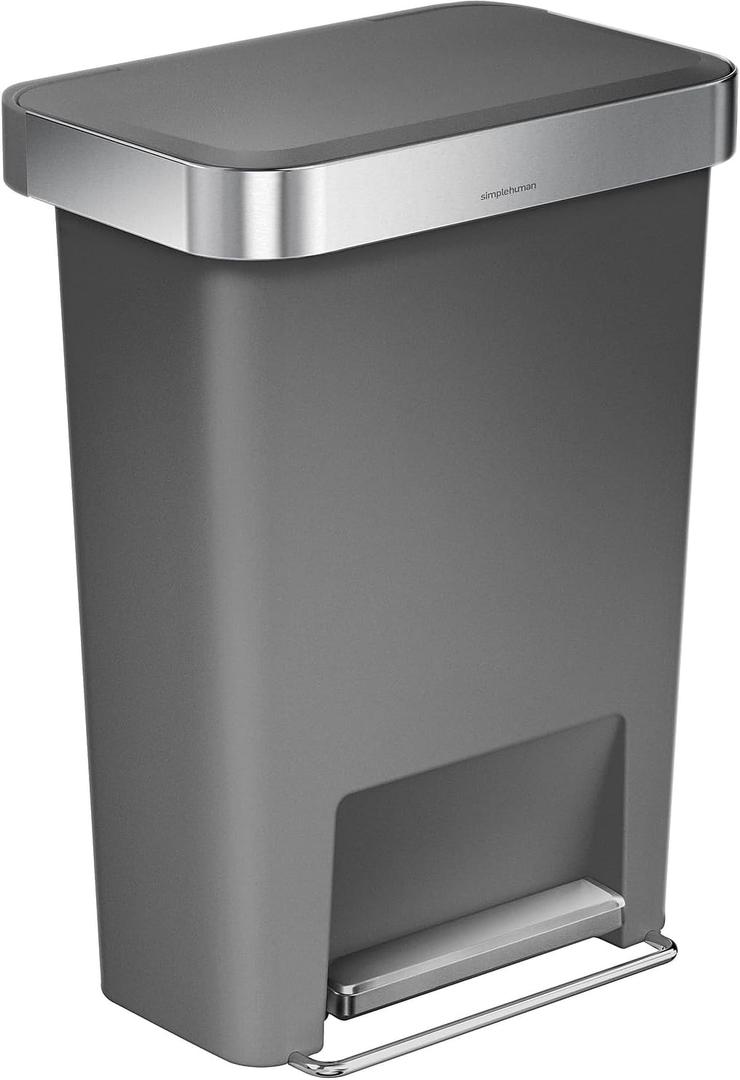 simplehuman 45 Liter / 12 Gallon Rectangular Kitchen Step Trash Can with Soft-Close Lid, Grey Plastic