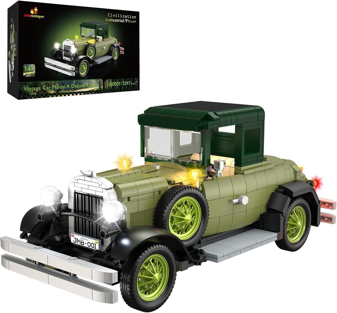 JMBricklayer Vintage Cars Building Sets for Adults with Lights 50001, Classic Retro Model Car Kits, Antique Cars Collectible Display Decorations, Building Toys Gifts for Men Women Boys Girls(1297 PCS)