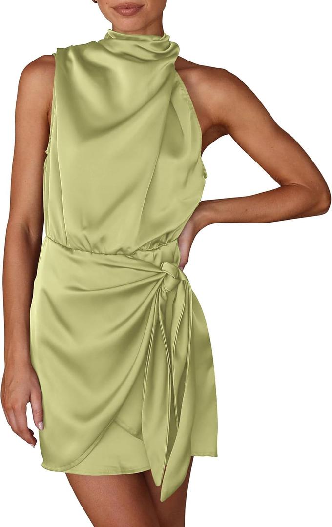 PRETTYGARDEN Women's Short Formal Satin Dress Summer Sleeveless Mock Neck Tie Waist Cocktail Party Dresses (Tender Green, X-Large)