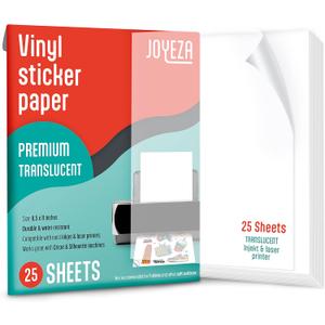 JOYEZA Premium Printable Vinyl Clear Sticker Paper for Inkjet Printer - 25 Sheets Translucent Waterproof, Dries Quickly Vivid Colors, Holds Ink Well - Inkjet & Laser Printer