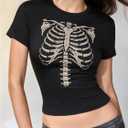 Women's Retro Gothic Skeleton Graphic Tees Y2K Vintage Short Sleeve Crop Tops Crew Neck Summer T Shirts (Black, L)