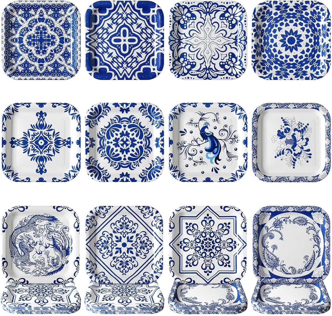 Nitial 120 Pcs Blue and White Flower Paper Plates Disposable Blue and White Decorative Dinner Plates Chinoiserie Dessert tableware for Wedding Birthday Tea(Square)