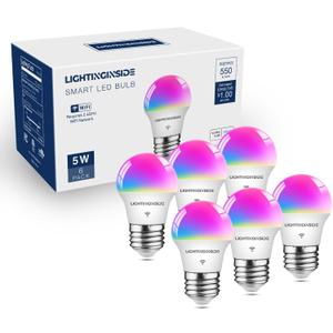Lightinginside E26 Smart Light Bulbs 50W Equiv., G16.5 A15 RGBCW Small Chandelier Ceiling Fan Smart Bulb Works with Alexa/Google Home/Smart Life, 5W 550LM, 2.4G WiFi Bluetooth Bulb, ETL Listed, 6PCS