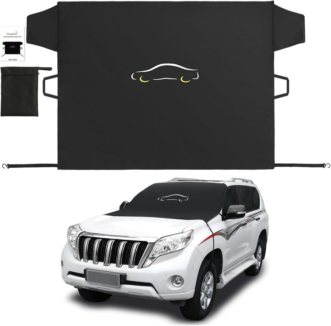 Cosyzone Windshield Cover for Ice and Snow, XL Size (Black)-600D Oxford Fabric Weatherproof for Winter, Includes Anti-Theft Straps&Storage Bag, Fits Most Cars, Trucks, Vans, SUVs(70.86 x 51.2 inches)