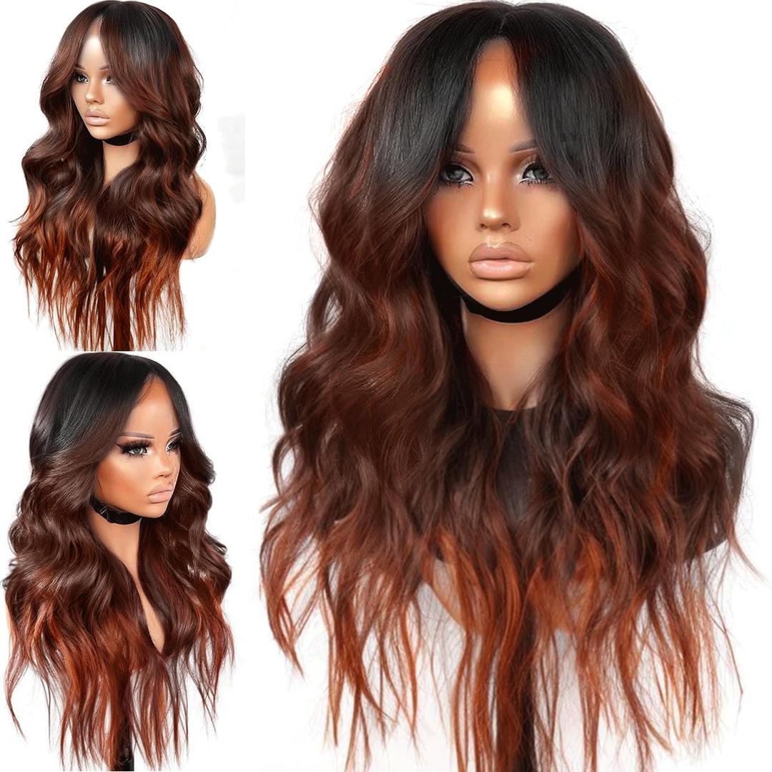 Synthetic Lace Front Wig 13x6 Honey Brown Ear To Ear Lace Frontal Wigs 200% Density HD Lace Pre Plucked Hairline Wig For Black Women Daily Party(Ombre Reddish Brown)