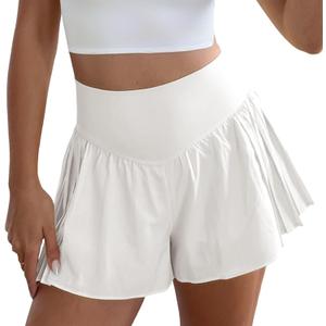 Fisoew Womens Workout Gym Shorts Elastic High Waisted Pleated Lightweight Active Running Shorts (White)