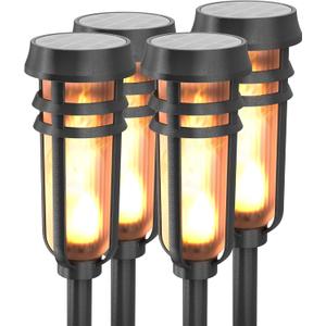 Metal Solar Torch Lights - Adjustable Height (24" - 50"), Outdoor Garden Decor with Patented LED, Waterproof Solar Tiki Torches for Yard, Patio, Garden Pathway, Matte Black 4 Pack