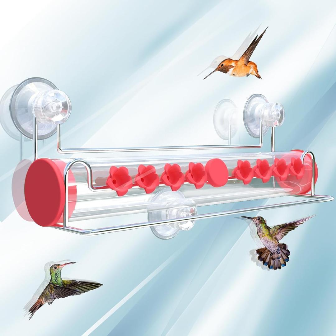Window Hummingbird Feeder,Suction Cup Hummingbird Feeder for Window with 10 Ant-Proof Feeding Ports and Perches, Close-up Viewing Clear Tube Window Bird Feeder, Easy to Fill and Clean