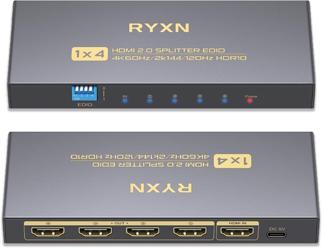 4K HDMI Splitter 1 in 4 Out 60Hz, 1x4 HDMI 2.0 Splitter Supports 4K@60Hz 4:4:4, 2K@144Hz/120Hz, HDCP 2.3, EDID, for PS5/PS4, Xbox, Apple TV, Fire Stick, Blu-ray Player