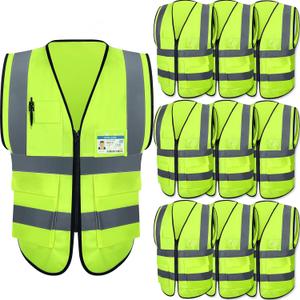 10 Pcs Reflective Safety Vest with Pockets and Zipper High Visibility Vest for Women Men Work, Construction, Cycling (Medium)