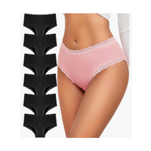 FINETOO 6 Pack Cotton Underwear for Women Cute Bikini Panties Sexy Lace Waist Briefs Soft Breathable Womens Cheeky Medium