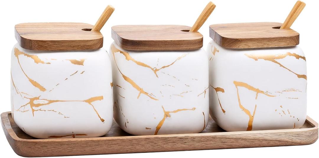 3 Pcs Sugar Bowls Ceramic Coffee Jar Set Ceramic Seasoning Jar with Lid Spoon and Tray/Food Storage Canister (White)