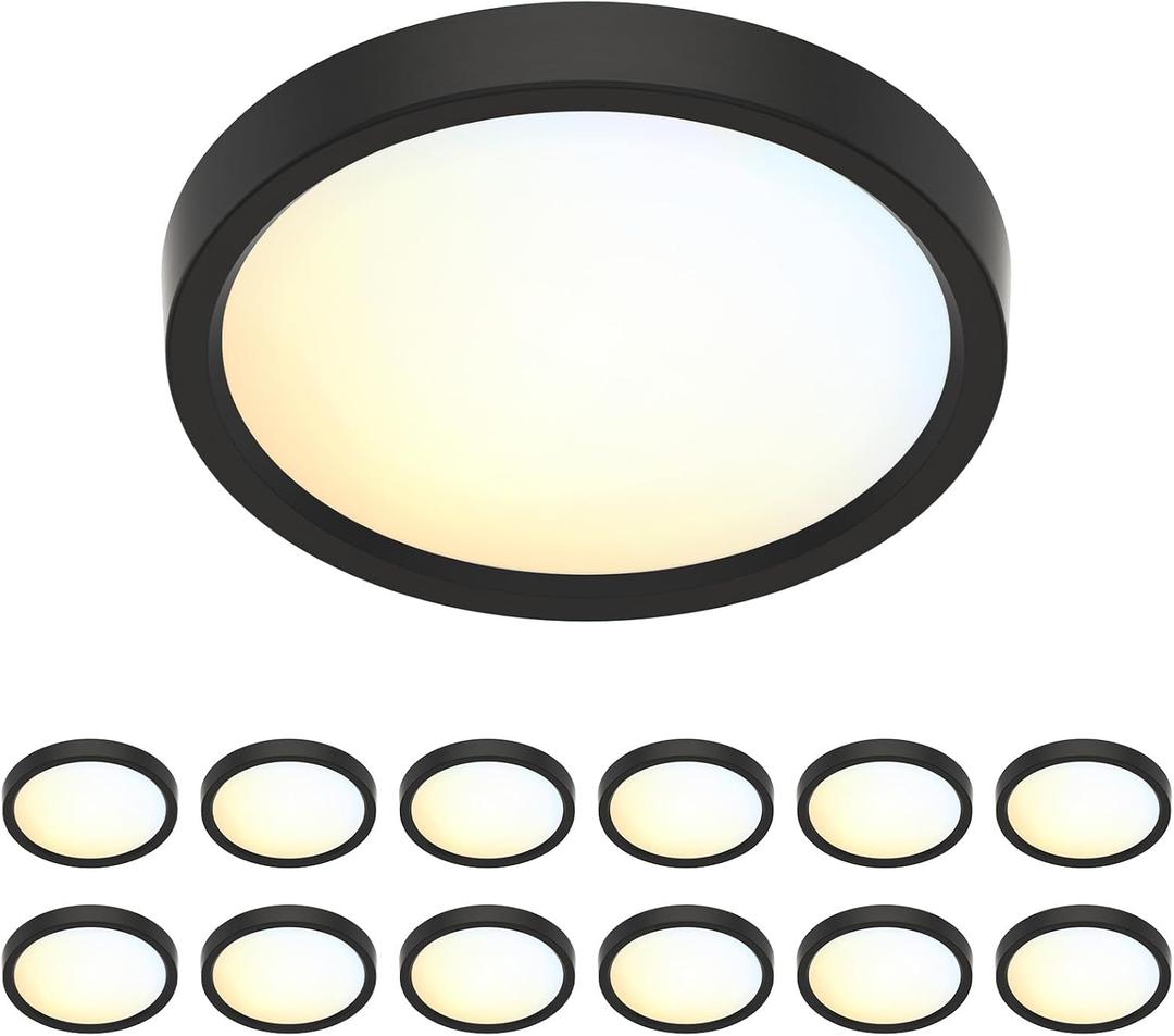 5 Inch Black Flush Mount Ceiling Light 5CCT Selectable LED Edgelit Slim Surface Mount Downlight for J-Box, Mini Flat Panel Light, Dimmable, 120VAC, 10W, 600LM, CRI90, ETL, Wet Rated, 12 Packs