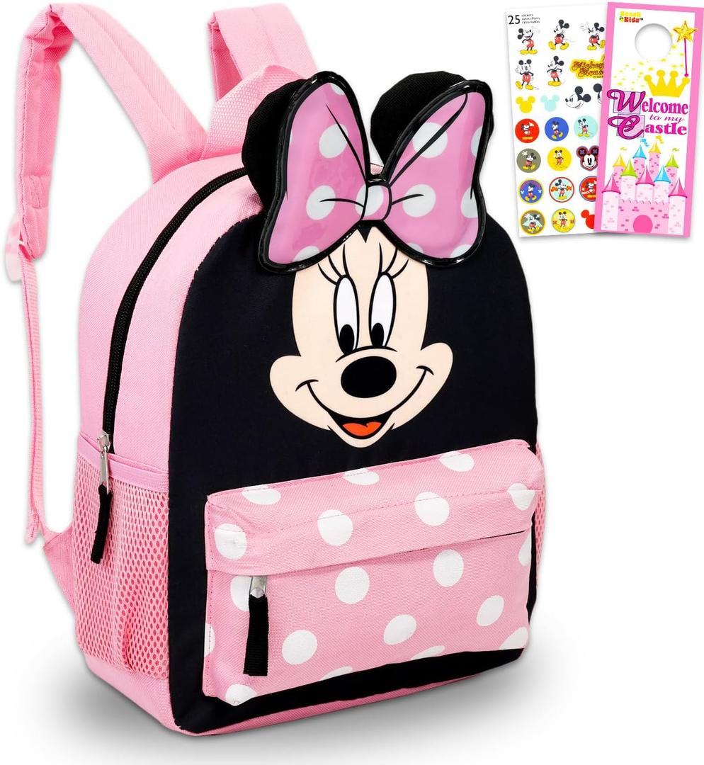 Disney Minnie Mouse Backpack for Girls Toddlers Kids - Bundle with 12" Preschool Toddler Backpack with Ears, Bow, and Stickers (Minnie Mouse School Supplies)