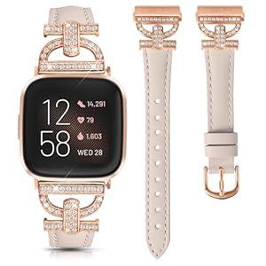 Minyee Leather Bands Compatible with Fitbit Versa 2/ Fitbit Versa/ Versa Lite Band Women, Dressy Slim Thin Leather Strap with D-Shaped Diamonds Metal Buckle Luxury Bracelet for Versa 2 Smart Watch (Only for Versa 2/ Versa/ Versa Lite/ Versa SE, Starlight/ Rose