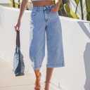 GRAPENT Capri Jeans for Women Wide Leg Trendy High Waisted Side Seam Stretchy Denim Capris Pants Summer Casual Jeans (Blue), X-Large