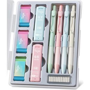 Cute Mechanical Pencil Set, 4 Pcs Pastel Mechanical Pencils 0.7 & 0.5mm with 4 Tube Leads Refills, 3 Erases & 1 Box Eraser Refills, Aesthetic pencils for Girl Boy, Back to School Supplies-Pastel