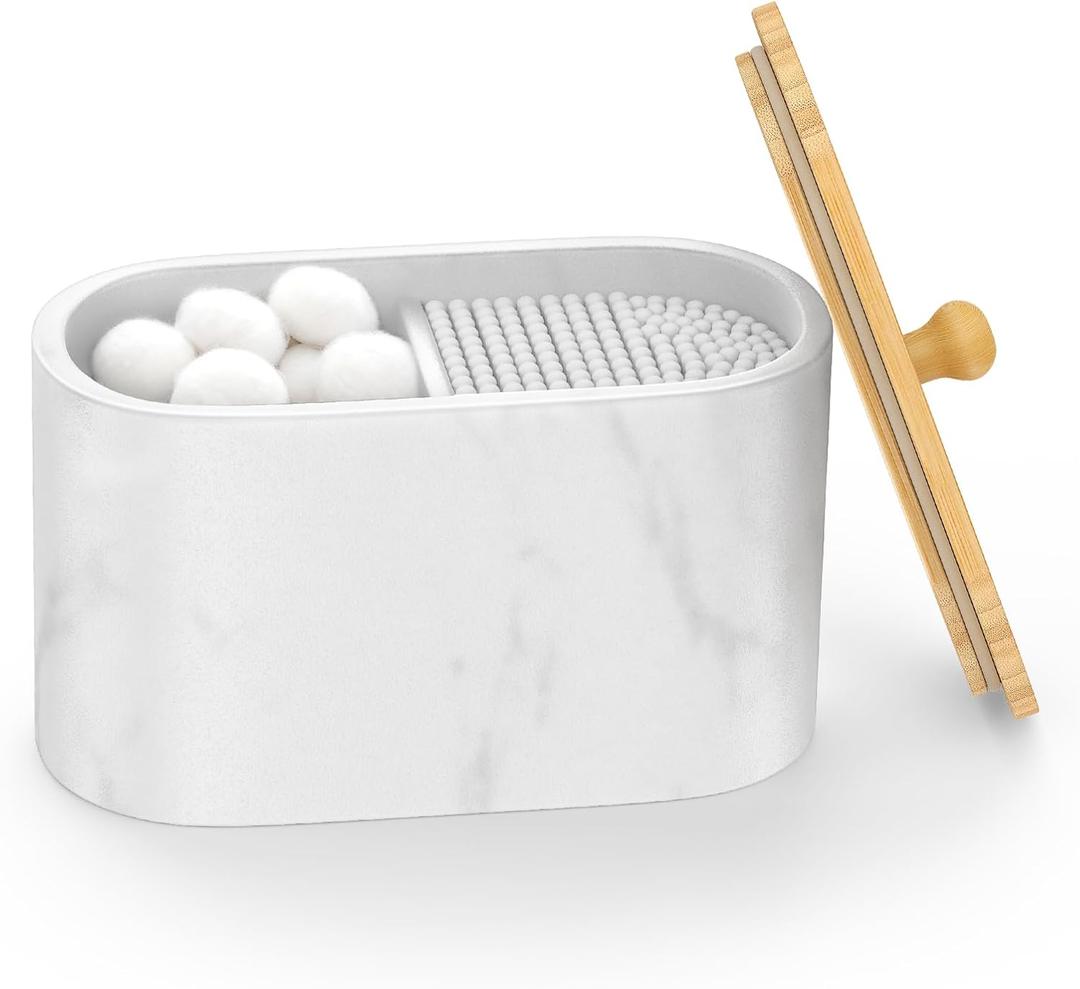 Cotton Swab Holder, Round Cotton Pads Balls Qtip Holder Dispenser with Lid, 2 Compartments Qtips Holder, Tampoms Period Box Bathroom Organizers Storage Bin Floss Dispenser Vanity Cosmetics, White (Oval-Gravel White)