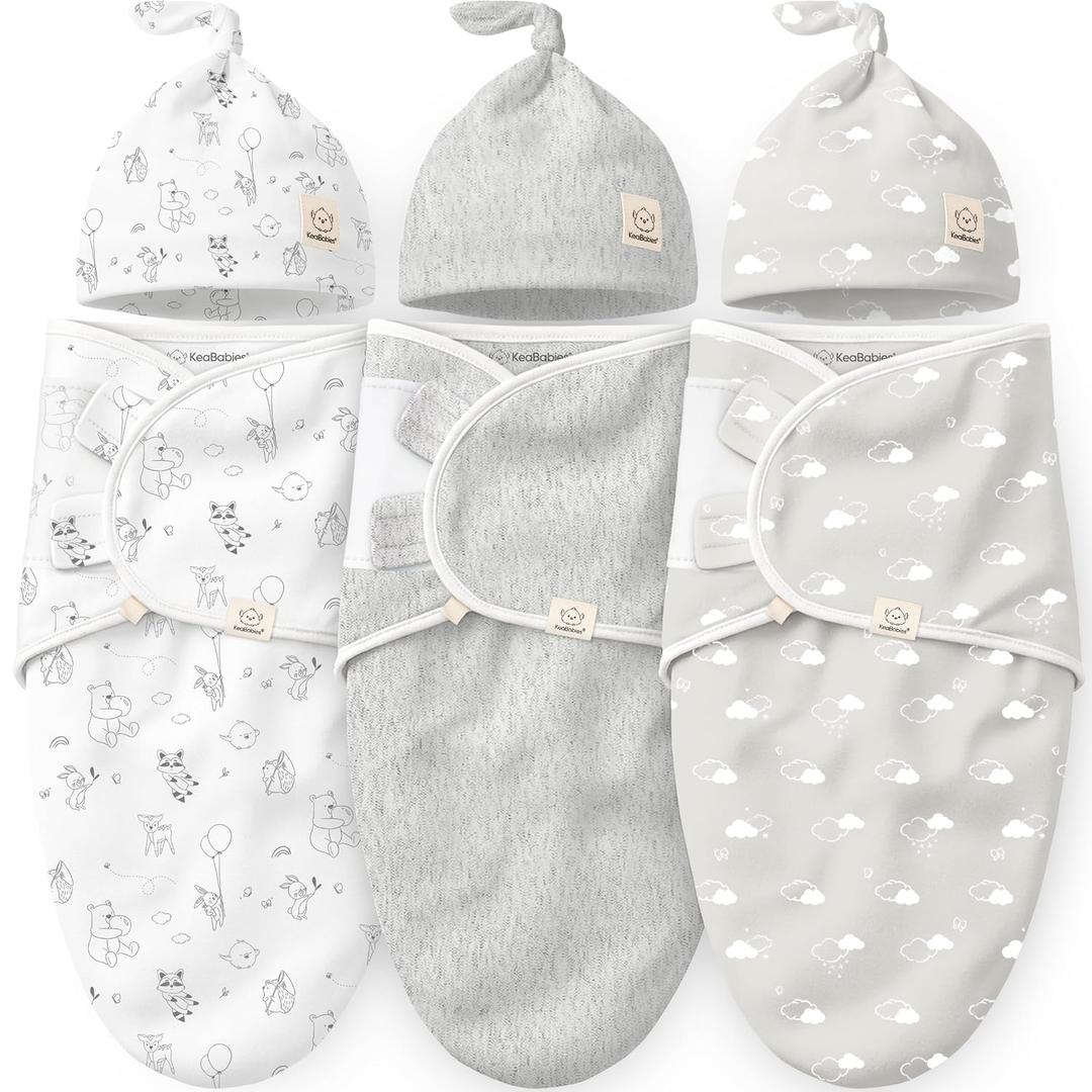 KeaBabies 3-Pack Swaddles for Newborns, Girls, Boys with Hats - Organic Soft Baby Sleep Sacks, Breathable Baby Swaddle 3-6 Months Beanies Set, Premie Infant Sleep Sack 0-3 Months (Aspire) (One Size)