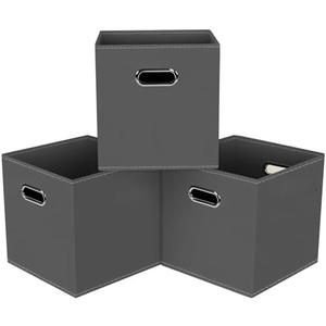 HEAYEEG Black Foldable Storage Cubes Bins, Fabric Storage Box Cubes Organizer Baskets with Dual Handles for Home Organizer,Set of 3,(Gray)