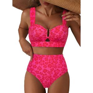 Herseas Women's 2 Piece U Wire Cutout Bikini Sets Floral Print High Waisted Swimsuit 2026 Summer Beach Swim Bathing Suit, Size M