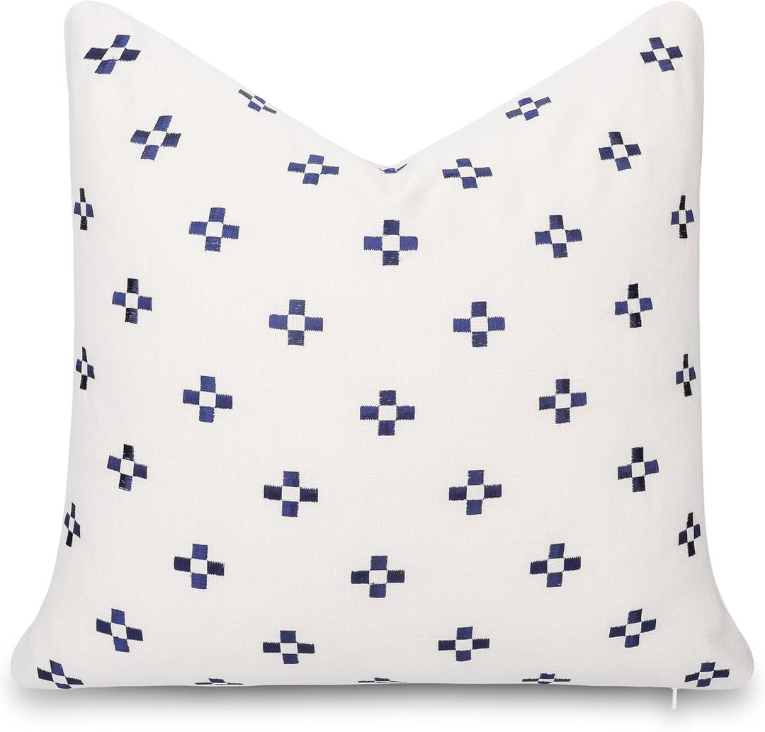 Crumbs Home California Casual Coastal Indoor Outdoor Throw Pillow Cover, 20"x20" Water Repellent for Patio, Backyard, Couch, Poolside, Neutral Navy Embroidered Small Squares