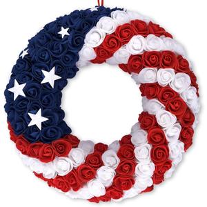 18Inch 4th of July Patriotic Roses Wreath, DILIBRA Red Blue White Foam Flower Wreath for Front Door, Artificial Memorial Day American Flag Wreath Garland Decoration for Indoor and Outdoor