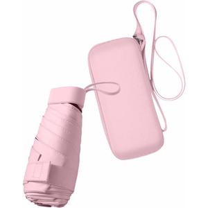 ESUFEIR Mini Sun Umbrella for Purse With Case, Small Compact UV Umbrella Travel Essentials, Lightweight Portable Parasol Windproof for Women Men Kids (Pink)