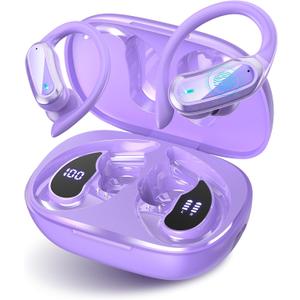 TRAUSI Wireless Bluetooth 5.4 Headphones, Fast Charging Stereo Earphones with Noise Cancelling Mic, IPX7 Waterproof and Comfort Fit Ear Buds for Fitness, Workouts Purple