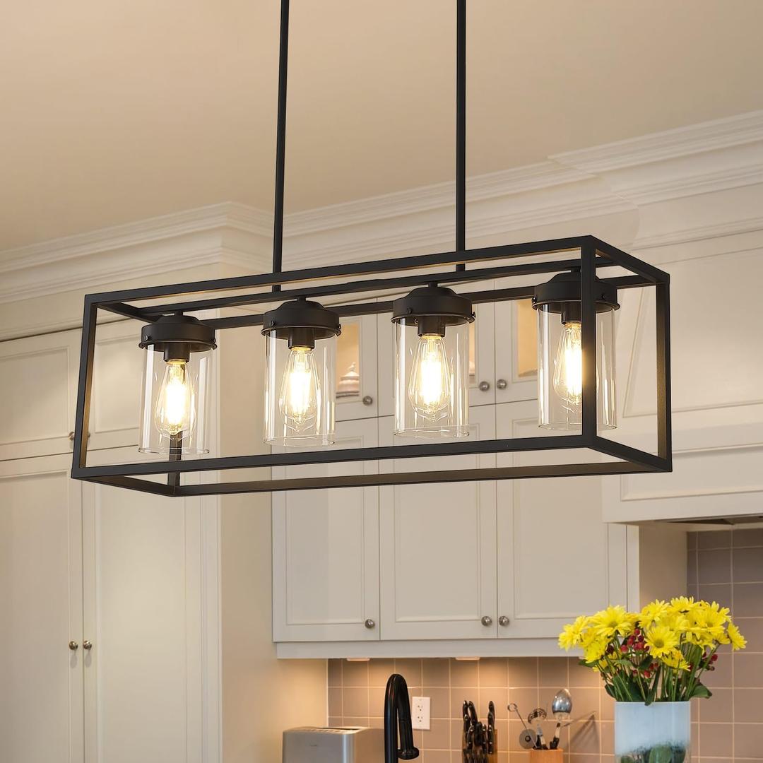 Black Dining Room Light Fixtures, Farmhouse Chandeliers for Dining Room Rustic Kitchen IslandLight Fixtures Vintage Antique Linear Adjustable Hanging Pendant Light with Clear Glass Shade